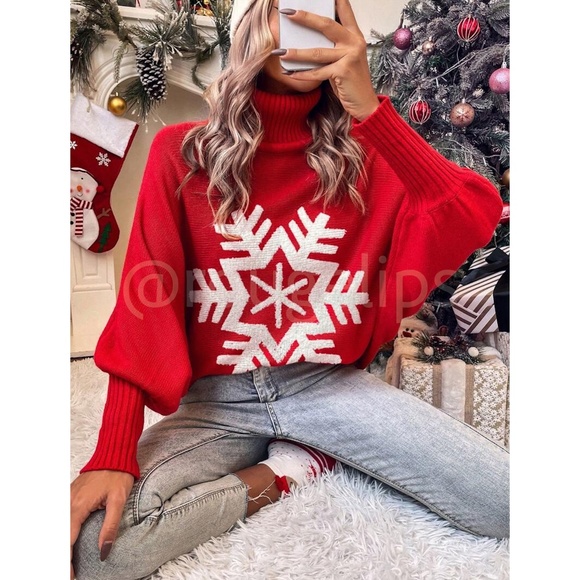 Red Oversized Pullover Sweater Snowflake Turtleneck Long Sleeve Knit - Picture 2 of 8